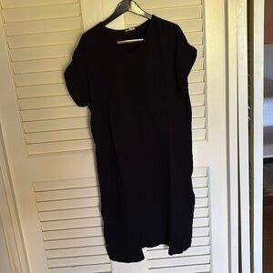 Eileen Fisher Black Organic Cotton Gauze V-Neck Midi Dress Women's Size XL